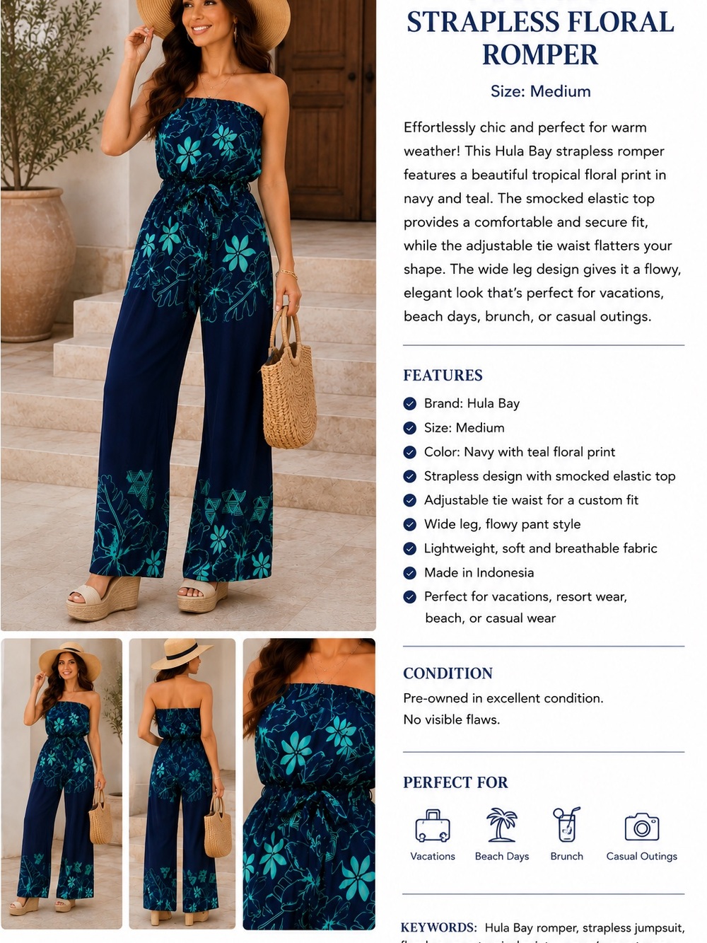 Hula Bay Navy Strapless Floral Jumpsuit with Teal Print